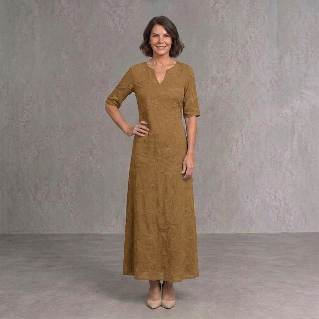 Ariadna | Vestido de Invitada Otoño con Encaje Floral Mujer Escote V Manga Larga