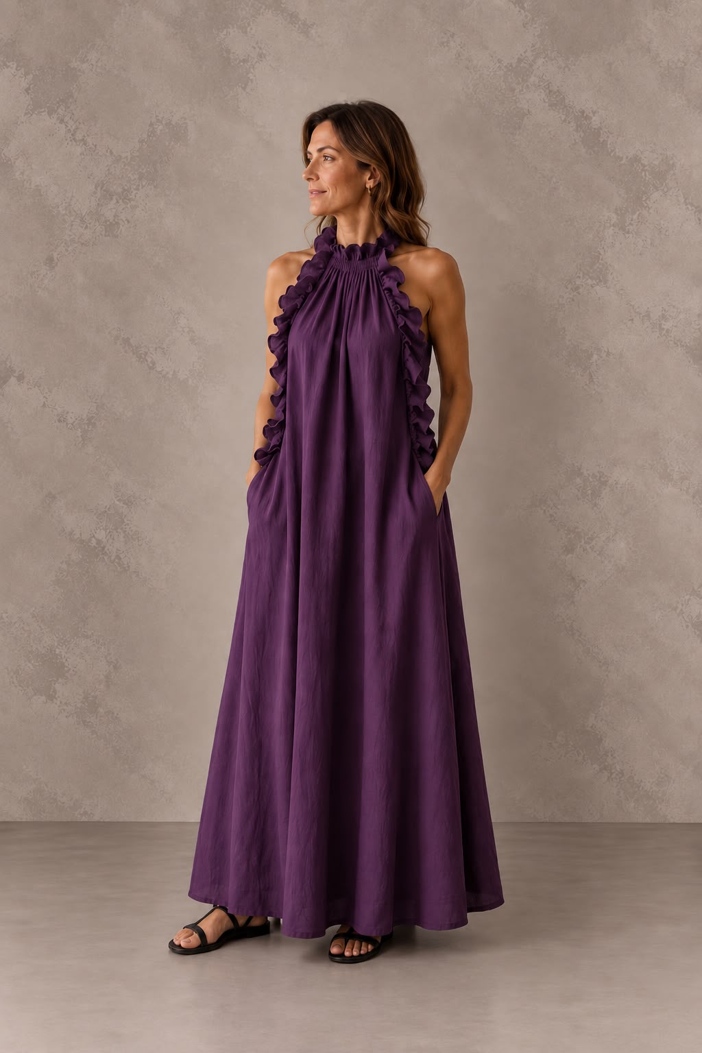 Amanda | Vestido Largo con Cuello Halter Fruncido