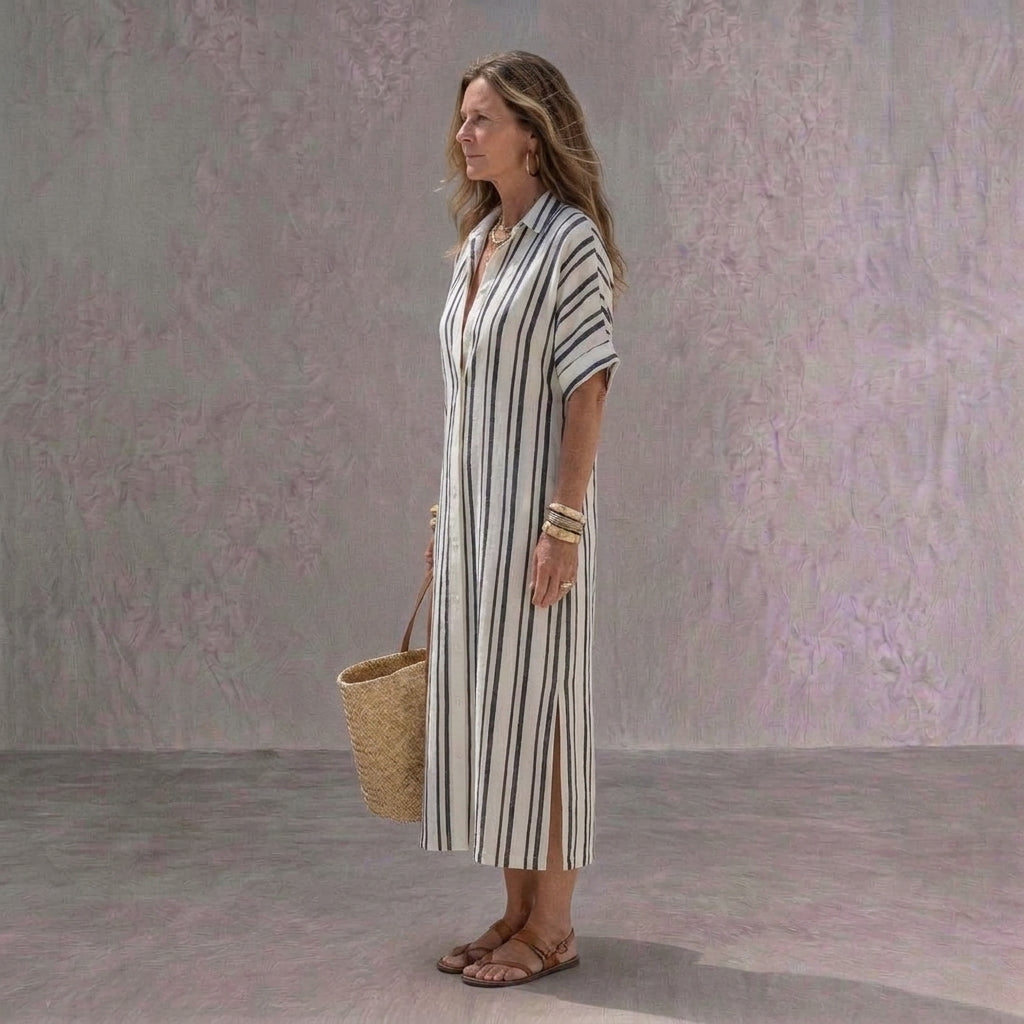 Melisa | Vestido Midi Camisero de Lino Casual Mujer Manga Corta