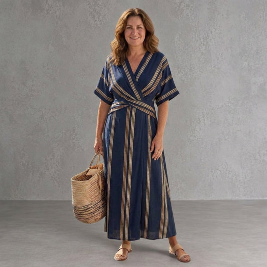Marina | Vestido Largo Cruzado Elegante de Rayas Mujer Manga Corta Escote V