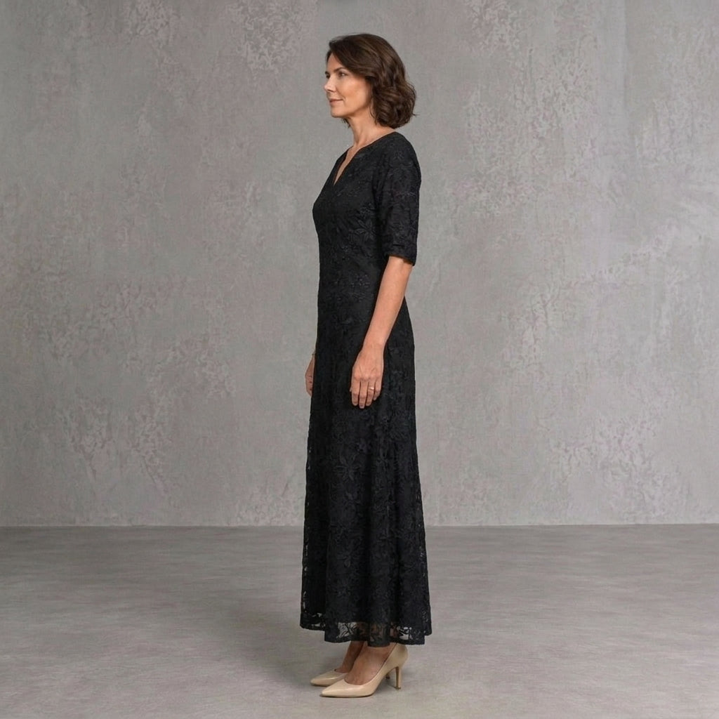 Ariadna | Vestido de Invitada Otoño con Encaje Floral Mujer Escote V Manga Larga