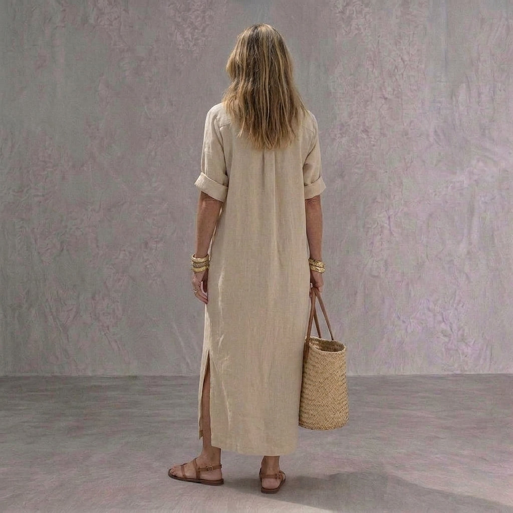 Melisa | Vestido Midi Camisero de Lino Casual Mujer Manga Corta