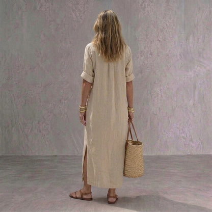 Melisa | Vestido Midi Camisero de Lino Casual Mujer Manga Corta