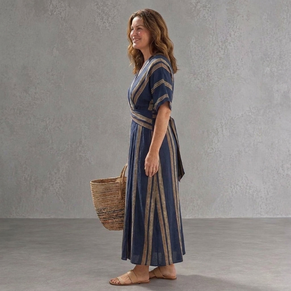 Marina | Vestido Largo Cruzado Elegante de Rayas Mujer Manga Corta Escote V