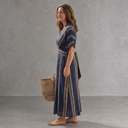 Marina | Vestido Largo Cruzado Elegante de Rayas Mujer Manga Corta Escote V
