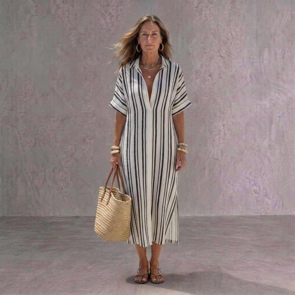 Melisa | Vestido Midi Camisero de Lino Casual Mujer Manga Corta