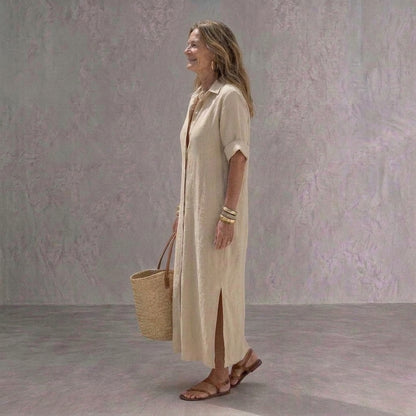 Melisa | Vestido Midi Camisero de Lino Casual Mujer Manga Corta