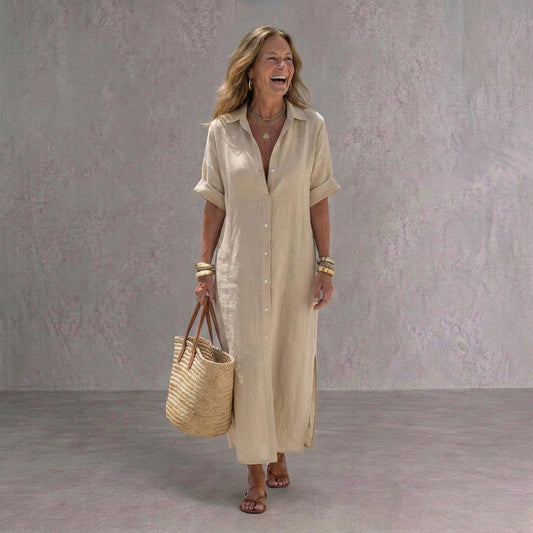 Melisa | Vestido Midi Camisero de Lino Casual Mujer Manga Corta