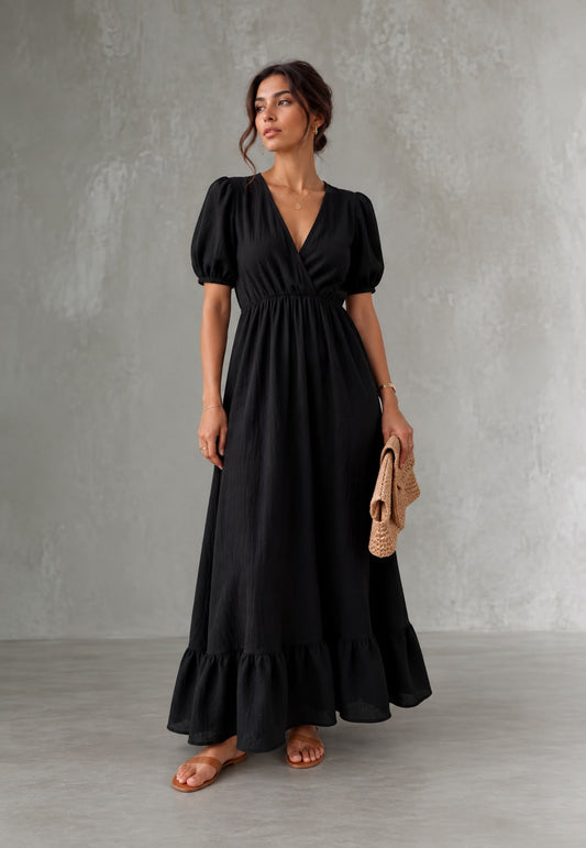 Olivia | Vestido Negro de Muselina con Manga Corta