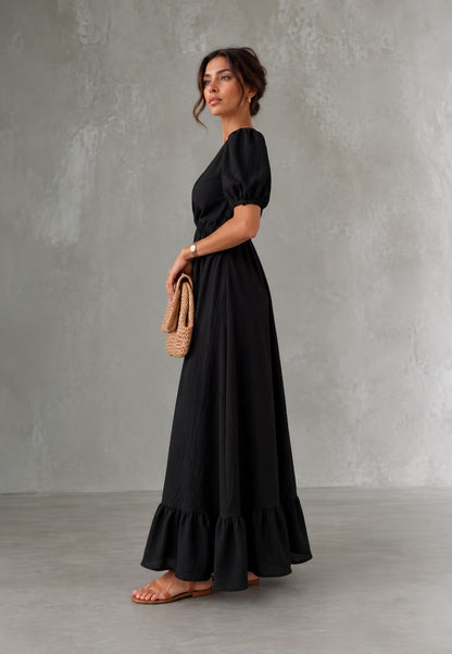 Olivia | Vestido Negro de Muselina con Manga Corta