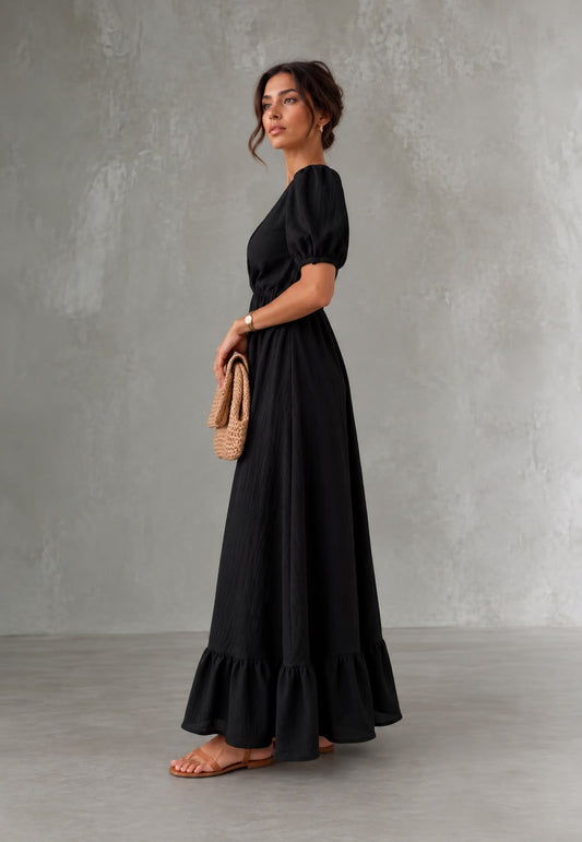 Olivia | Vestido Negro de Muselina con Manga Corta