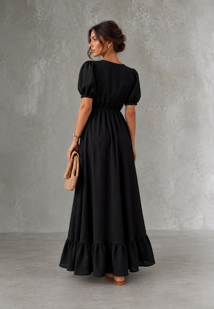 Olivia | Vestido Negro de Muselina con Manga Corta