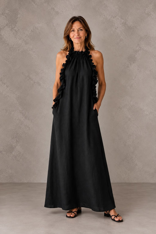 Amanda | Vestido Largo con Cuello Halter Fruncido