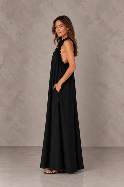 Amanda | Vestido Largo con Cuello Halter Fruncido