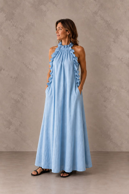 Amanda | Vestido Largo con Cuello Halter Fruncido