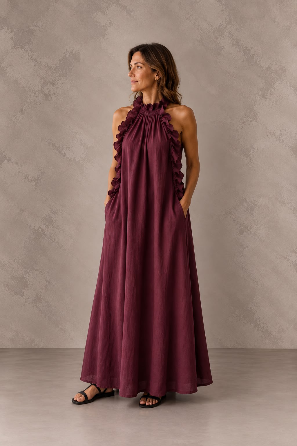 Amanda | Vestido Largo con Cuello Halter Fruncido