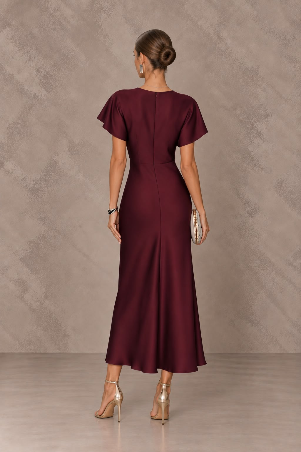 Fabiana | Vestido Midi de Satén Burdeos Mujer Escote V Manga Drapeada
