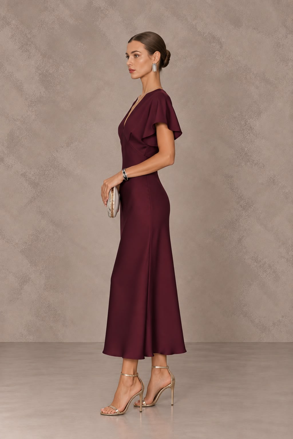 Fabiana | Vestido Midi de Satén Burdeos Mujer Escote V Manga Drapeada