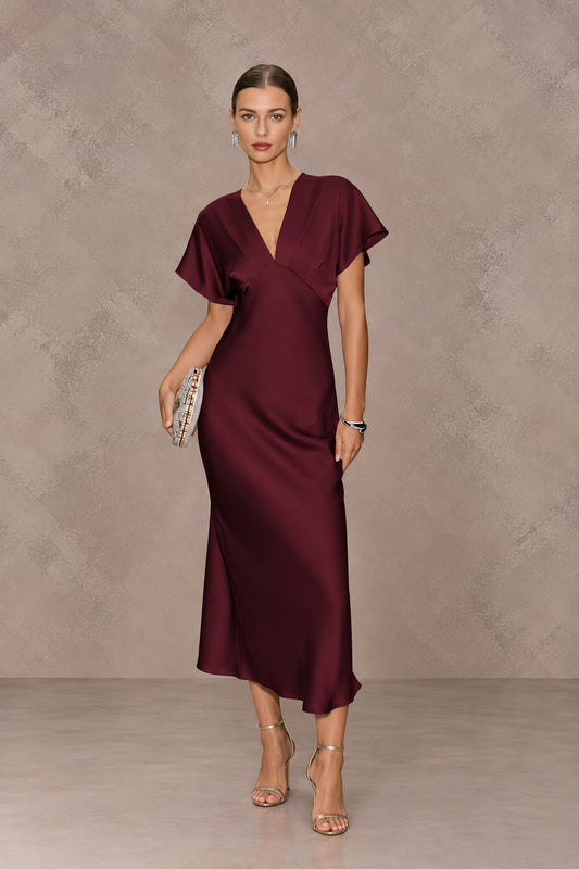 Fabiana | Vestido Midi de Satén Burdeos Mujer Escote V Manga Drapeada