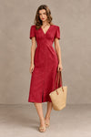 Adriana | Vestido Midi de Algodón Rojo Mujer Escote V Bordado