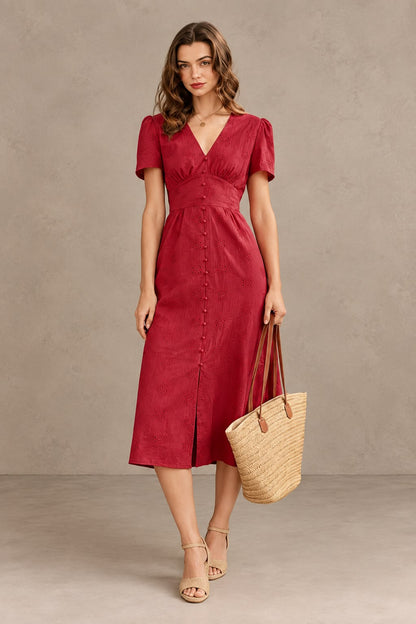 Adriana | Vestido Midi de Algodón Rojo Mujer Escote V Bordado