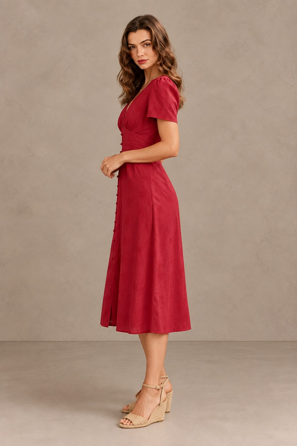 Adriana | Vestido Midi de Algodón Rojo Mujer Escote V Bordado