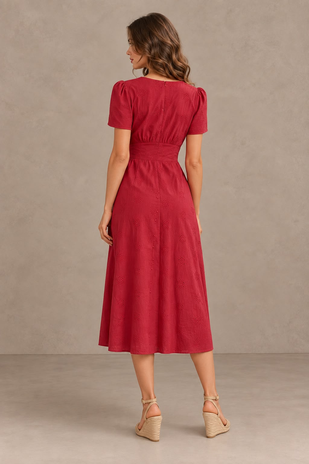 Adriana | Vestido Midi de Algodón Rojo Mujer Escote V Bordado