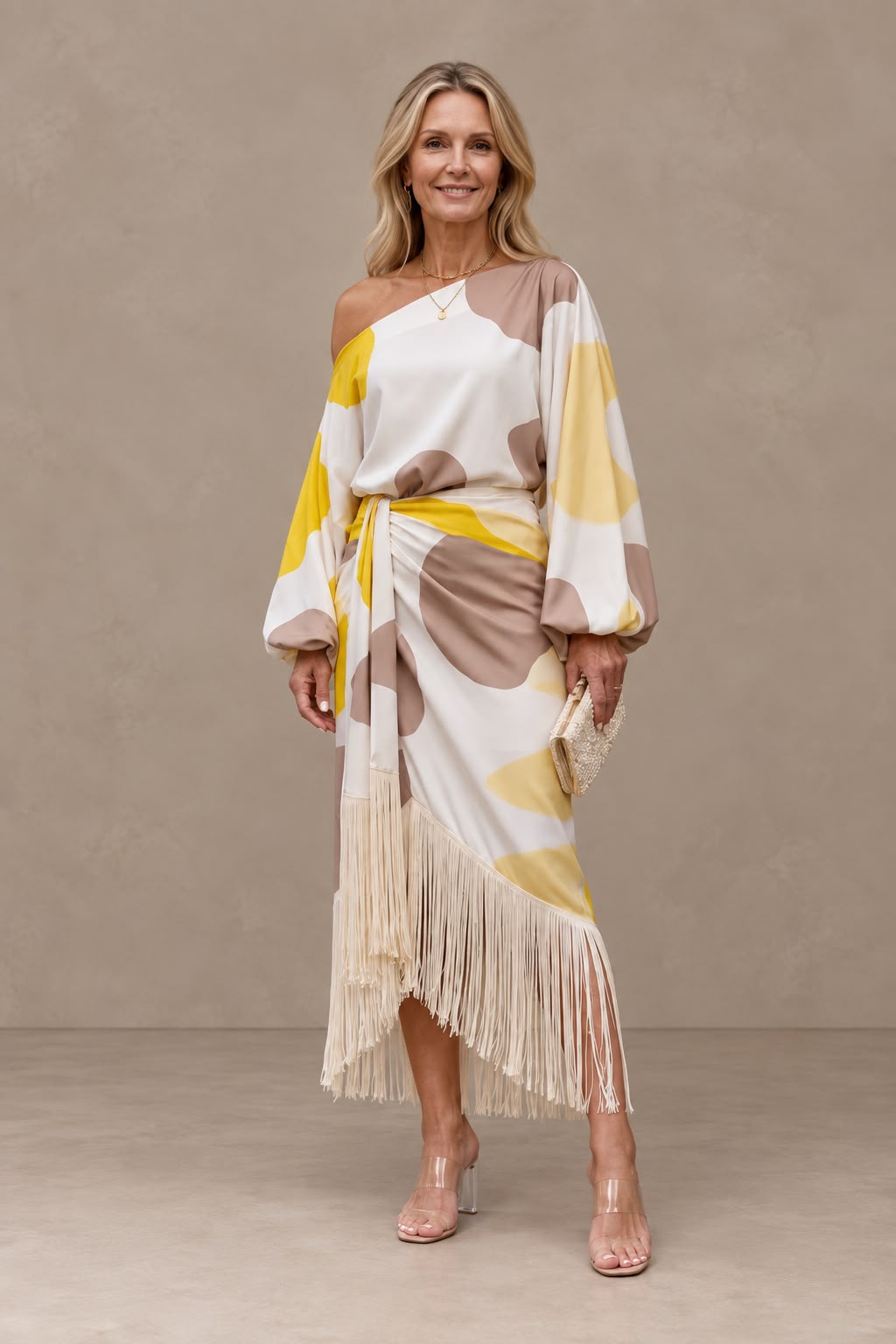 Renata | Vestido Midi Asimétrico de Un Hombro Mujer Flecos Manga Abullonada