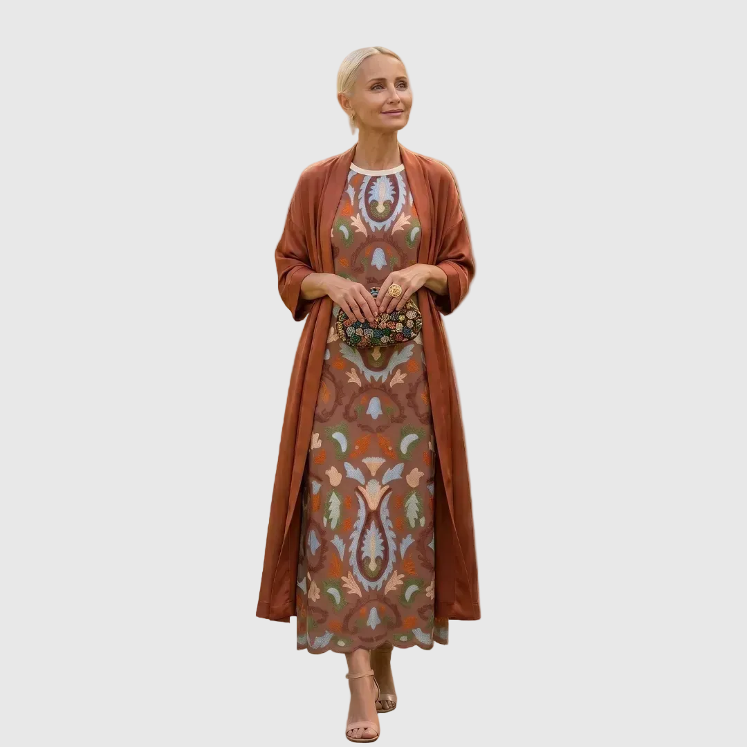 Bella | Vestido Invitada Invierno Midi Estampado Mujer con Duster a Juego