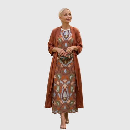 Bella | Vestido Invitada Invierno Midi Estampado Mujer con Duster a Juego