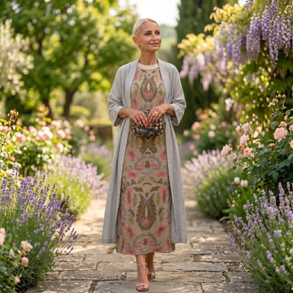 Bella | Vestido Invitada Invierno Midi Estampado Mujer con Duster a Juego