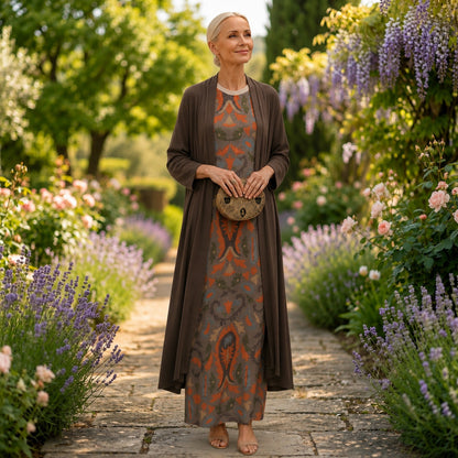Bella | Vestido Invitada Invierno Midi Estampado Mujer con Duster a Juego
