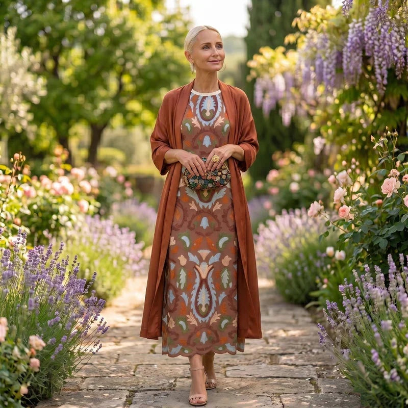 Bella | Vestido Invitada Invierno Midi Estampado Mujer con Duster a Juego