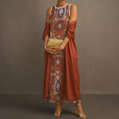 Bella | Vestido Invitada Invierno Midi Estampado Mujer con Duster a Juego