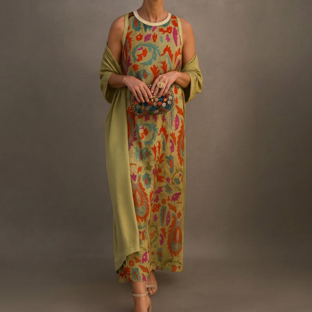 Bella | Vestido Invitada Invierno Midi Estampado Mujer con Duster a Juego