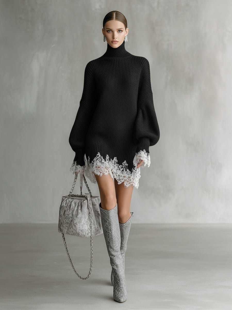 Giulia | Vestido Corto de Punto de Otoño Cuello Alto Mujer Encaje y Manga Larga