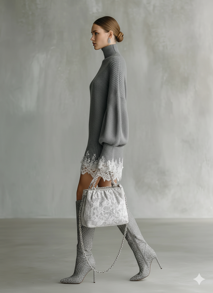 Giulia | Vestido Corto de Punto de Otoño Cuello Alto Mujer Encaje y Manga Larga