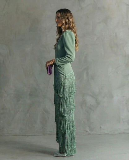 Beatriz | Vestido Midi de Mujer con Mangas de Flecos