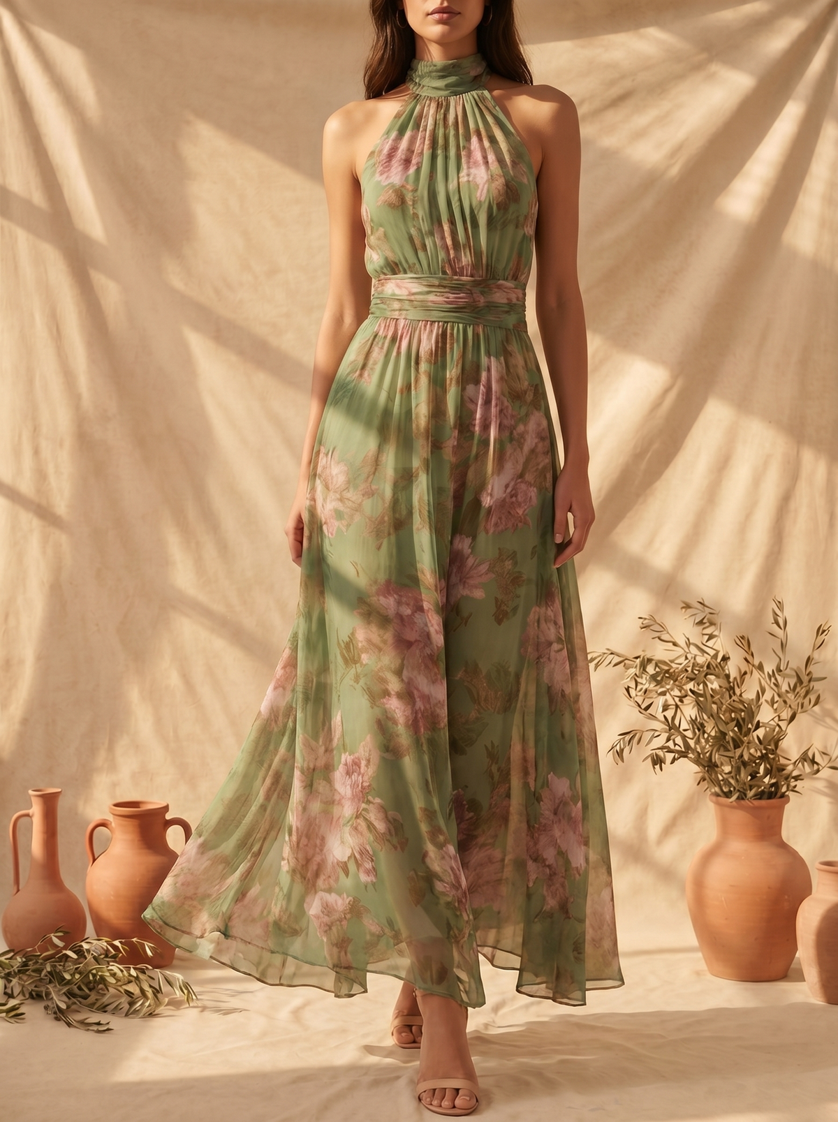 Maica | Vestido Largo de Mujer en Lino con Cuello Halter