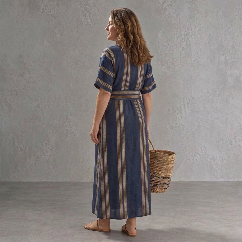 Marina | Vestido Largo Cruzado Elegante de Rayas Mujer Manga Corta Escote V