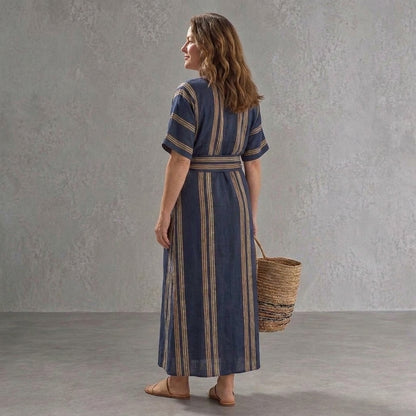 Marina | Vestido Largo Cruzado Elegante de Rayas Mujer Manga Corta Escote V