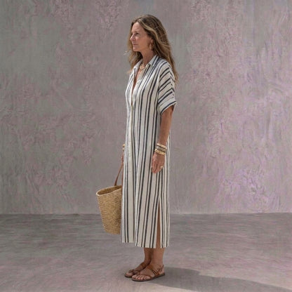 Melisa | Vestido Midi Camisero de Lino Casual Mujer Manga Corta
